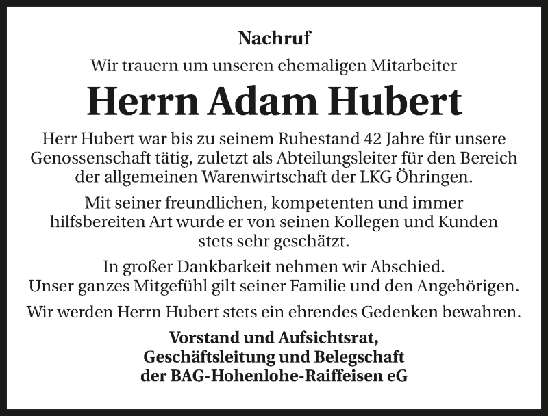 Traueranzeige für Adam Hubert vom 18.07.2020 aus GESAMT