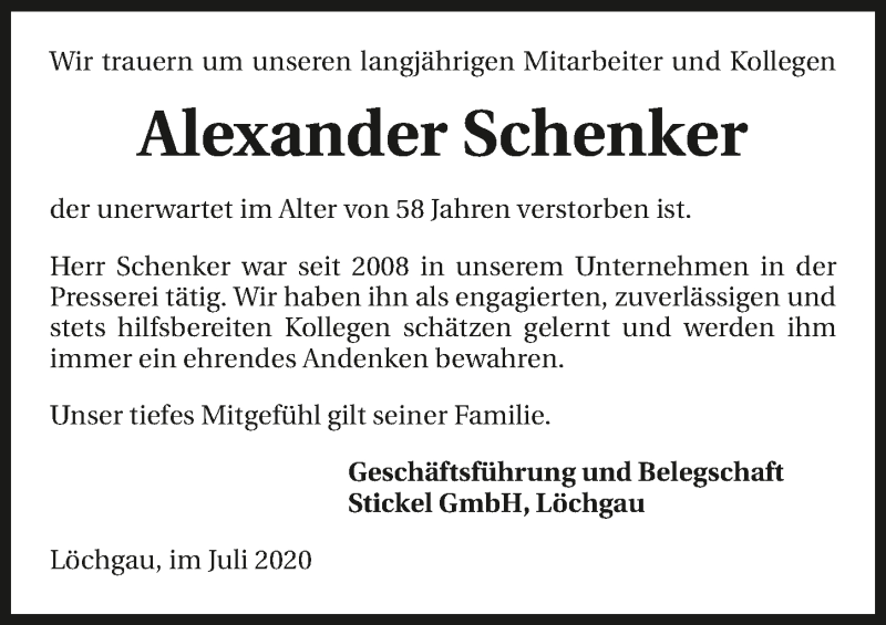  Traueranzeige für Alexander Schenker vom 23.07.2020 aus GESAMT