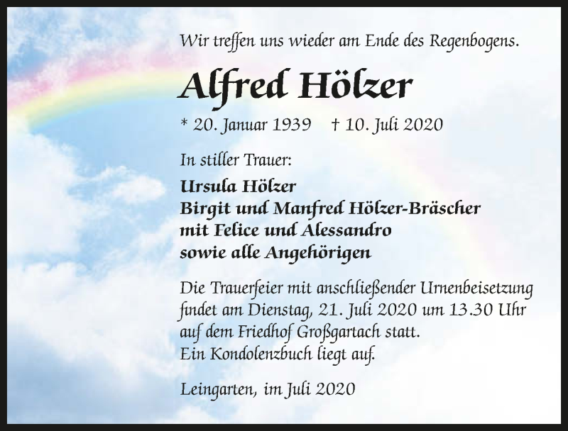  Traueranzeige für Alfred Hölzer vom 18.07.2020 aus GESAMT