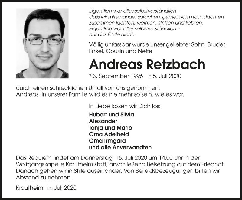  Traueranzeige für Andreas Retzbach vom 14.07.2020 aus GESAMT