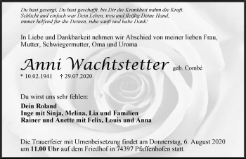 Traueranzeige von Anni Wachtstetter von GESAMT