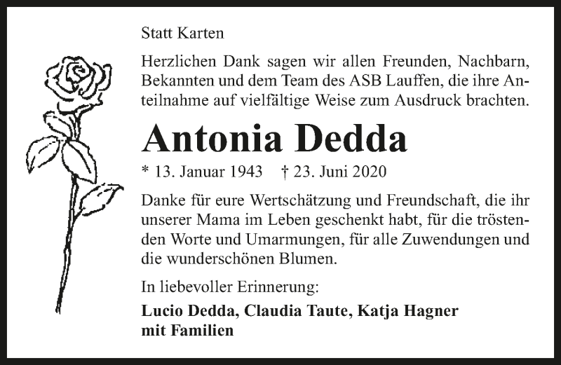  Traueranzeige für Antonia Dedda vom 25.07.2020 aus GESAMT