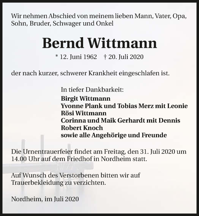  Traueranzeige für Bernd Wittmann vom 25.07.2020 aus GESAMT
