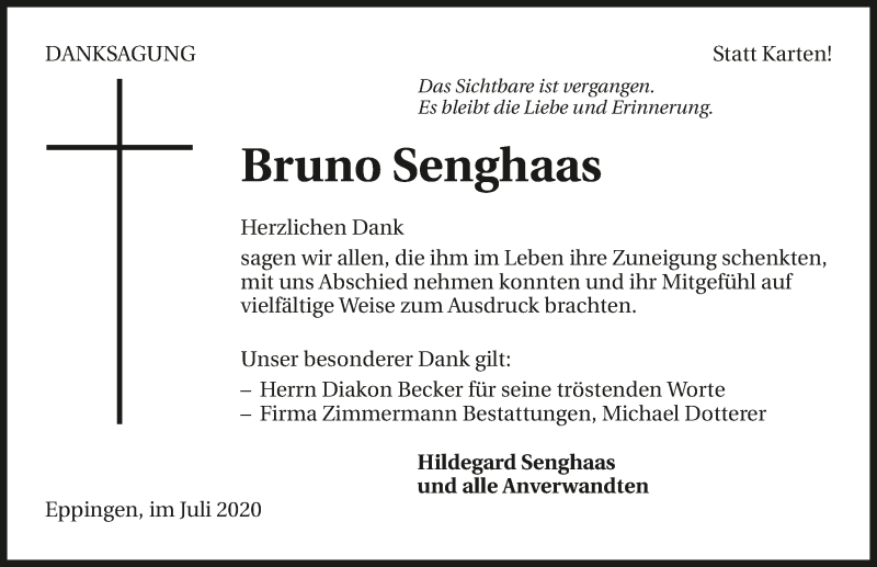 Traueranzeige für Bruno Senghaas vom 09.07.2020 aus GESAMT