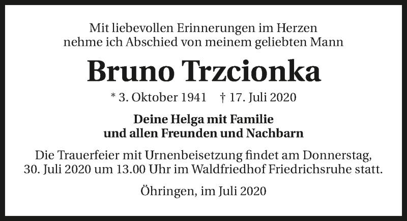  Traueranzeige für Bruno Trzcionka vom 27.07.2020 aus GESAMT