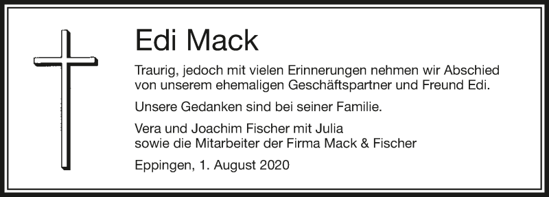  Traueranzeige für Eduard Mack vom 01.08.2020 aus GESAMT