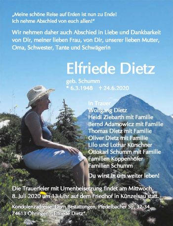 Traueranzeige von Elfriede Dietz von GESAMT