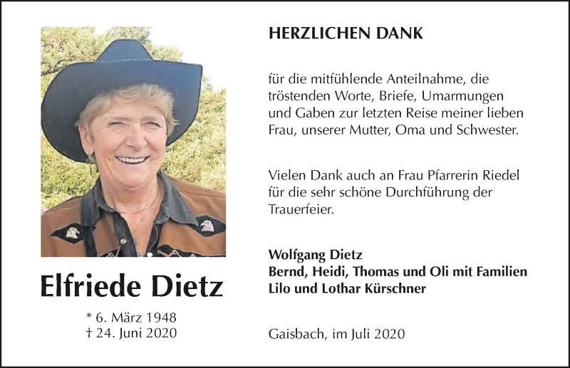  Traueranzeige für Elfriede Dietz vom 25.07.2020 aus GESAMT
