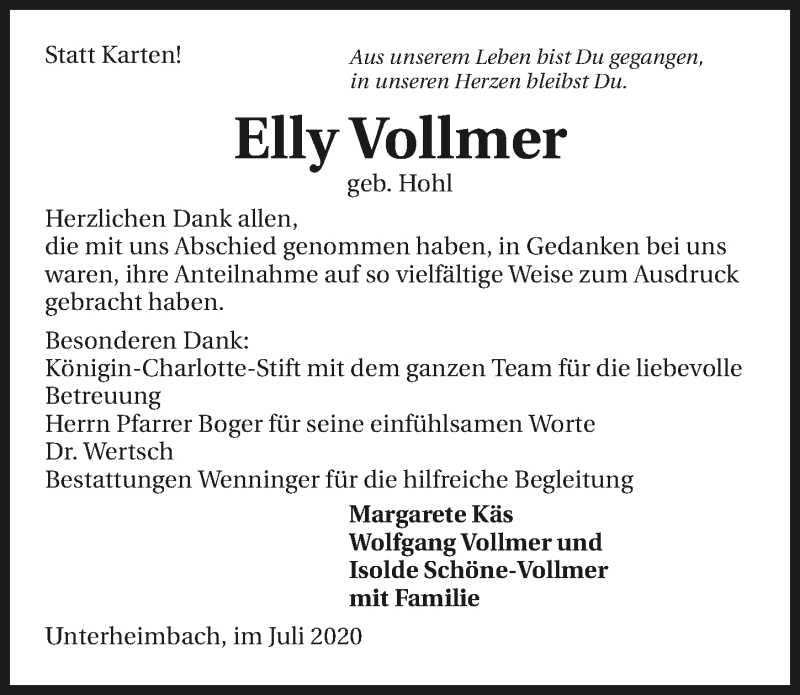  Traueranzeige für Elly Vollmer vom 18.07.2020 aus GESAMT