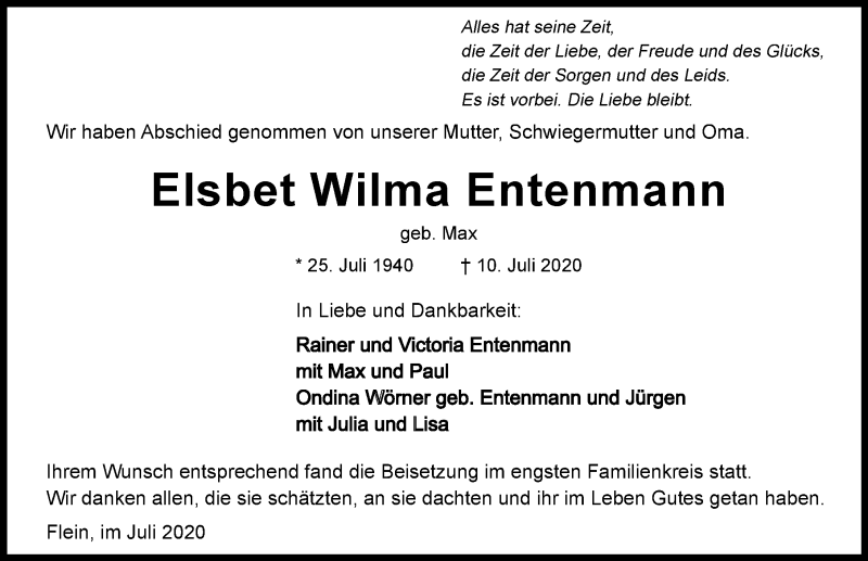  Traueranzeige für Elsbet Wilma Entenmann vom 22.07.2020 aus GESAMT