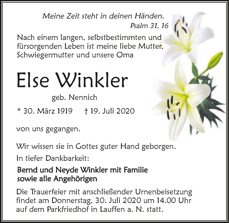  Traueranzeige für Else Winkler vom 25.07.2020 aus GESAMT