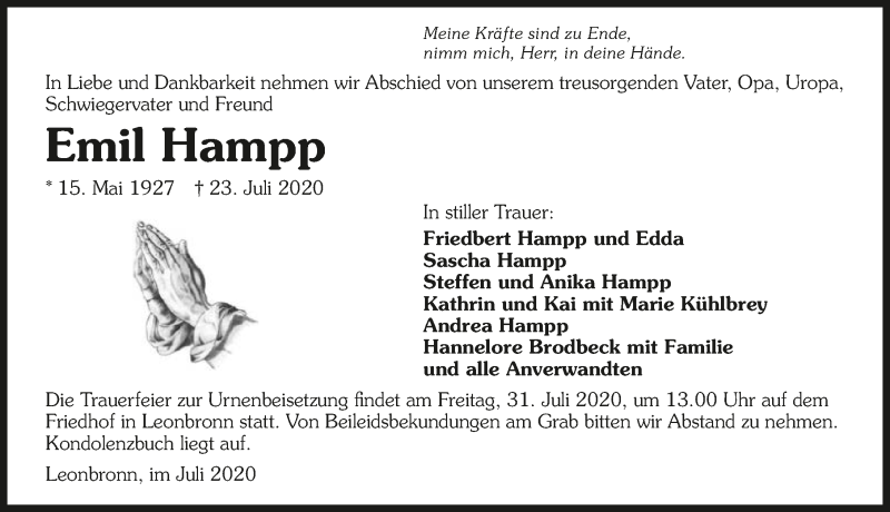  Traueranzeige für Emil Hamp vom 29.07.2020 aus GESAMT