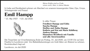 Traueranzeige von Emil Hamp von GESAMT