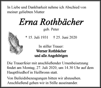 Traueranzeige von Erna Rothbächer von GESAMT