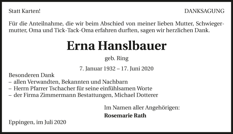  Traueranzeige für Ernestine Hanslbauer vom 11.07.2020 aus GESAMT