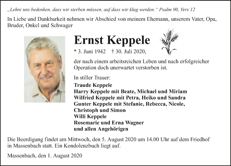  Traueranzeige für Ernst Keppele vom 01.08.2020 aus GESAMT