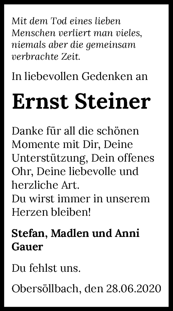  Traueranzeige für Ernst Steiner vom 04.07.2020 aus GESAMT