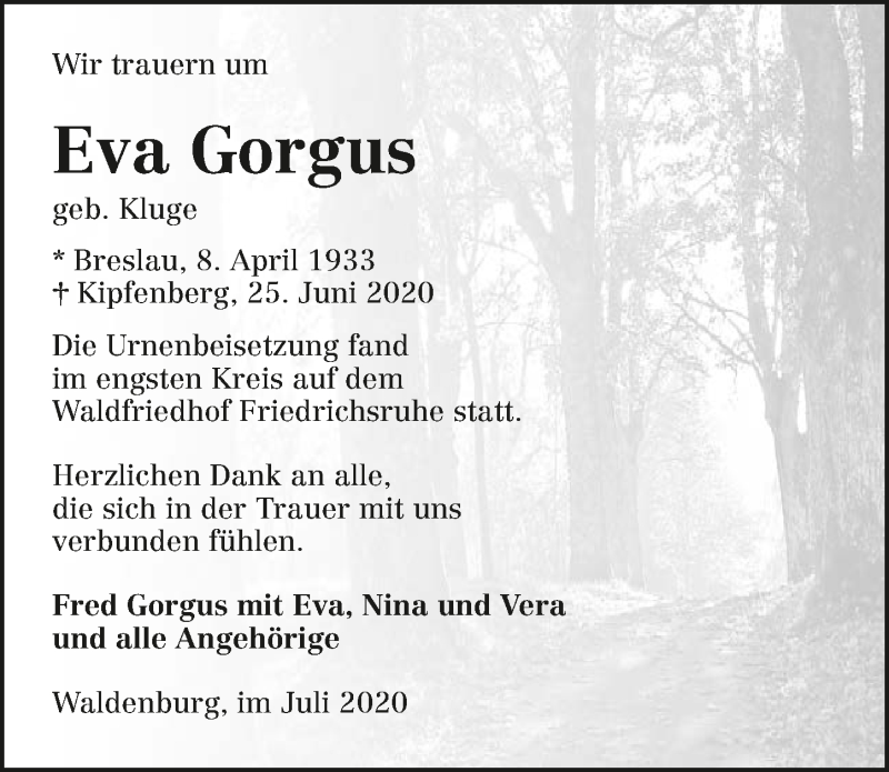  Traueranzeige für Eva Gorgus vom 11.07.2020 aus GESAMT