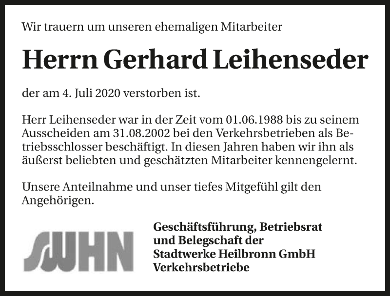  Traueranzeige für Gerhard Leihenseder vom 10.07.2020 aus GESAMT
