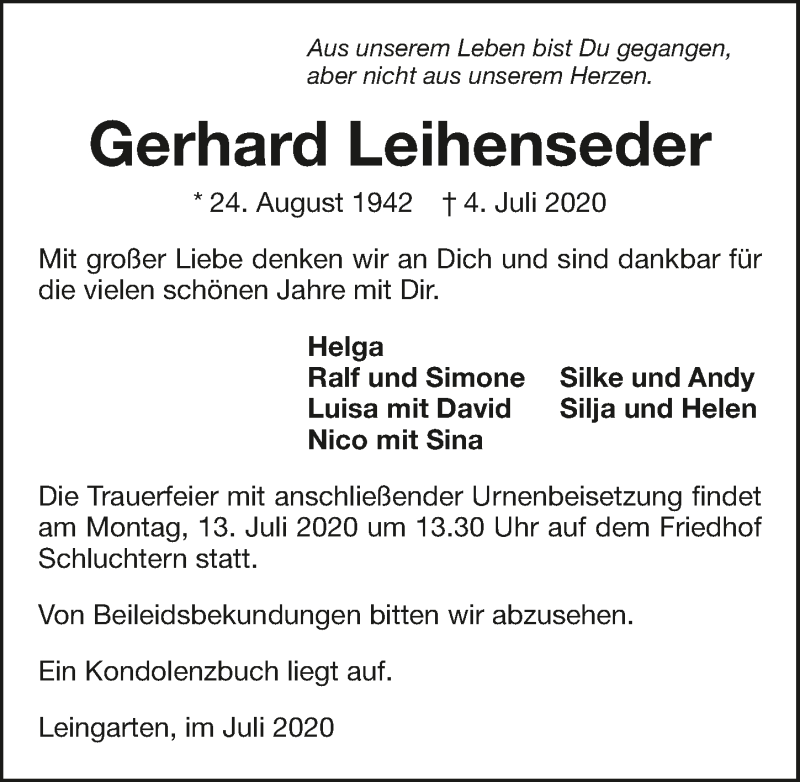  Traueranzeige für Gerhard Leihenseder vom 09.07.2020 aus GESAMT