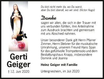 Traueranzeige von Gerti Geiger von GESAMT