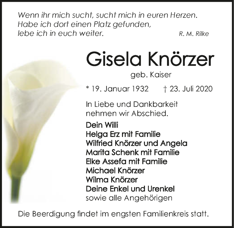  Traueranzeige für Gisela Knörzer vom 25.07.2020 aus GESAMT