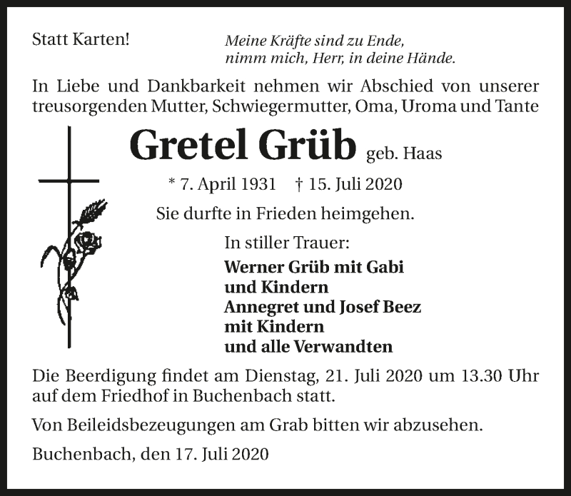  Traueranzeige für Gretel Grüb vom 17.07.2020 aus GESAMT
