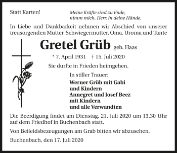 Traueranzeige von Gretel Grüb von GESAMT