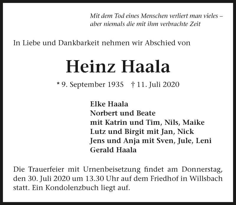  Traueranzeige für Heinz Haala vom 25.07.2020 aus GESAMT