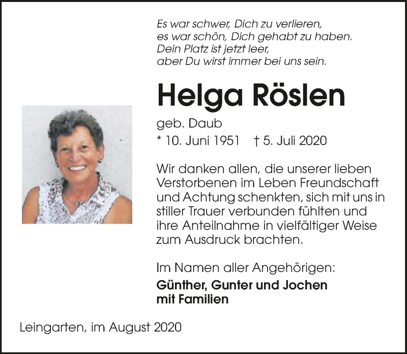  Traueranzeige für Helga Röslen vom 01.08.2020 aus GESAMT