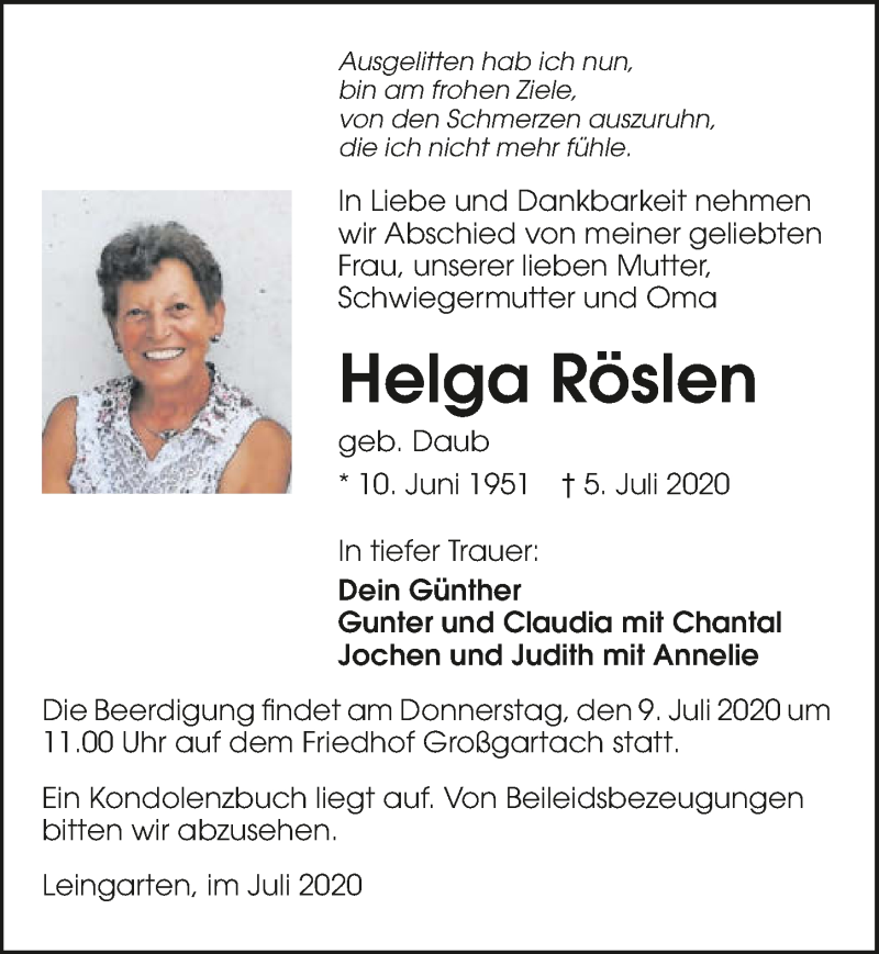  Traueranzeige für Helga Röslen vom 07.07.2020 aus GESAMT