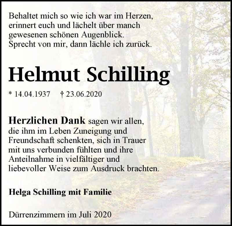  Traueranzeige für Helmut Schilling vom 11.07.2020 aus GESAMT