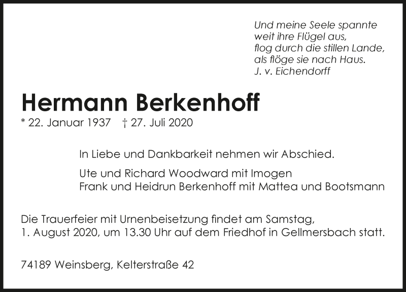  Traueranzeige für Hermann Berkenhoff vom 29.07.2020 aus GESAMT
