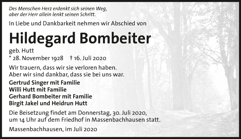  Traueranzeige für Hildegard Bombeiter vom 25.07.2020 aus GESAMT
