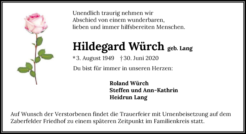  Traueranzeige für Hildegard Würch vom 04.07.2020 aus GESAMT