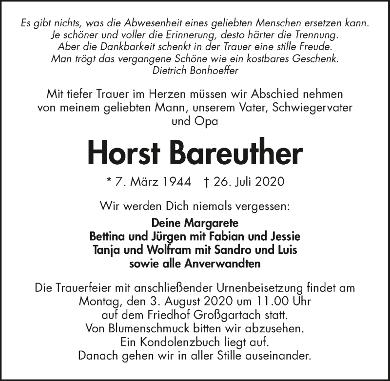  Traueranzeige für Horst Bareuther vom 01.08.2020 aus GESAMT