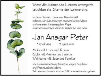Traueranzeige von Jan Ansgar Peter von GESAMT