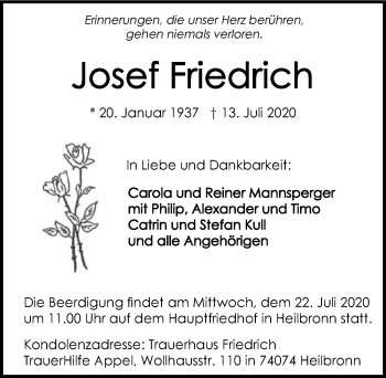 Traueranzeige von Josef Friedrich von GESAMT