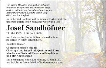 Traueranzeige von Josef Sandhöfner von GESAMT