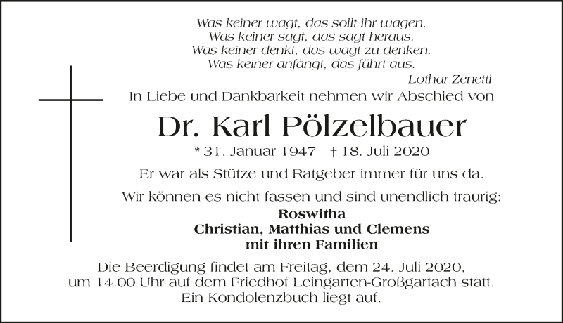  Traueranzeige für Karl Pölzelbauer vom 22.07.2020 aus GESAMT