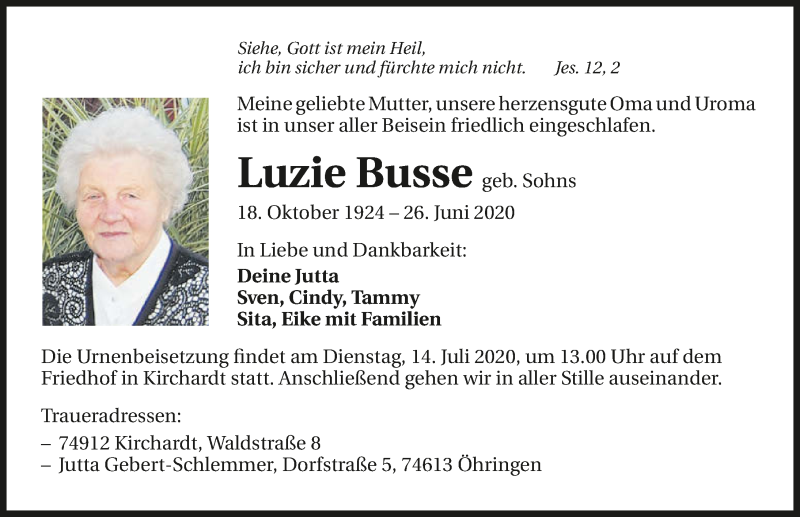  Traueranzeige für Luzie Busse vom 04.07.2020 aus GESAMT