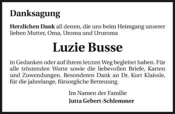 Traueranzeige von Luzie Busse von GESAMT