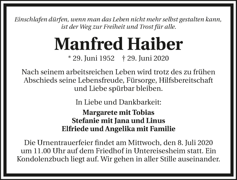  Traueranzeige für Manfred Haiber vom 04.07.2020 aus GESAMT