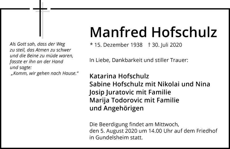  Traueranzeige für Manfred Hofschulz vom 01.08.2020 aus GESAMT