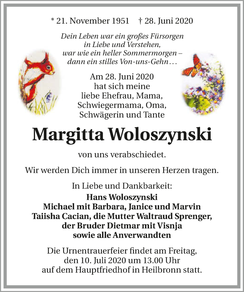  Traueranzeige für Margitta Woloszynski vom 03.07.2020 aus GESAMT