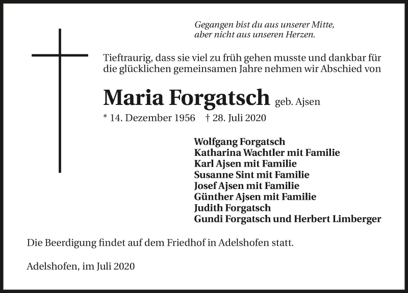  Traueranzeige für Maria Forgatsch vom 30.07.2020 aus GESAMT