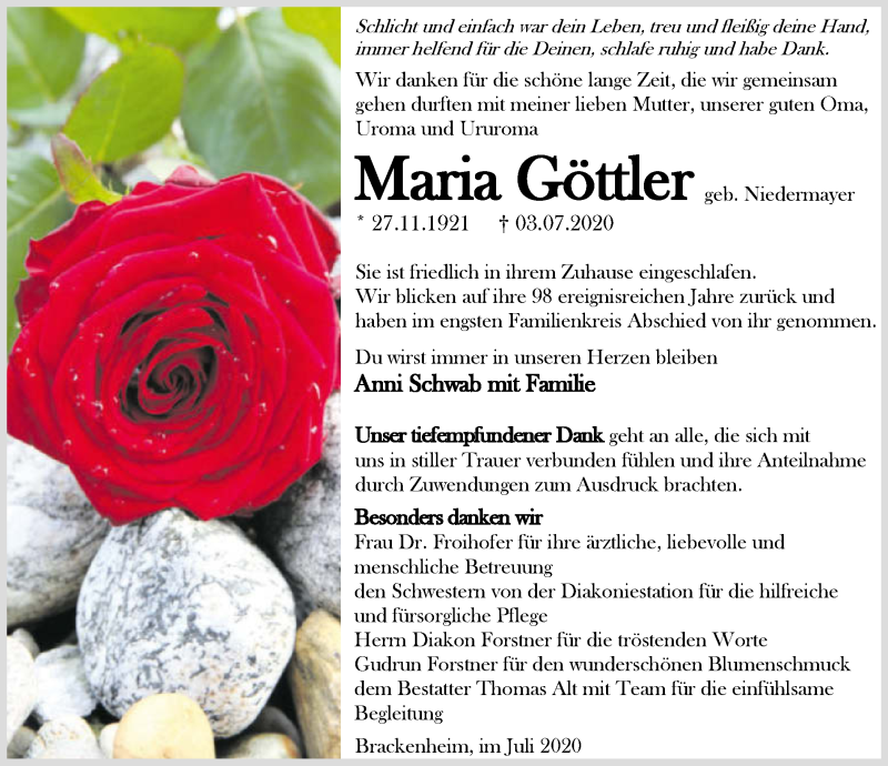  Traueranzeige für Maria Göttler vom 11.07.2020 aus GESAMT