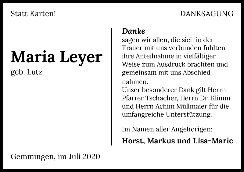  Traueranzeige für Maria Leyer vom 18.07.2020 aus GESAMT