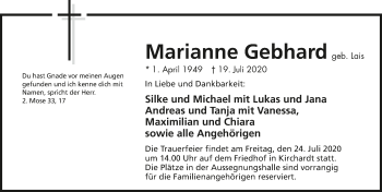 Traueranzeige von Marianne Gebhard von GESAMT