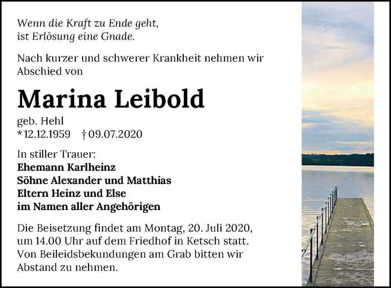  Traueranzeige für Marina Leibold vom 18.07.2020 aus GESAMT